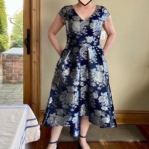 Oleg Cassini Navy and Silver Floral High Low Dress